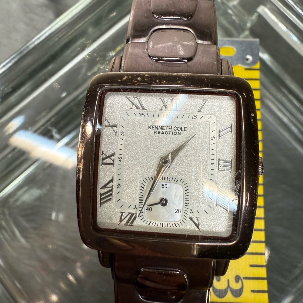 KENNETH COLE Rectangular Silver Watch with Brown Strap - Picture 2 of 7
